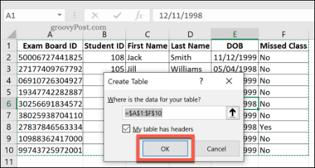 Création d'un tableau standard dans Excel