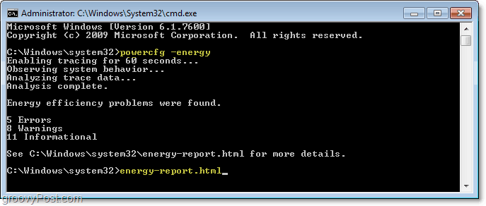 utiliser la commande powercfg -energy pour exécuter un rapport de diagnostic sur l'efficacité énergétique dans Windows 7