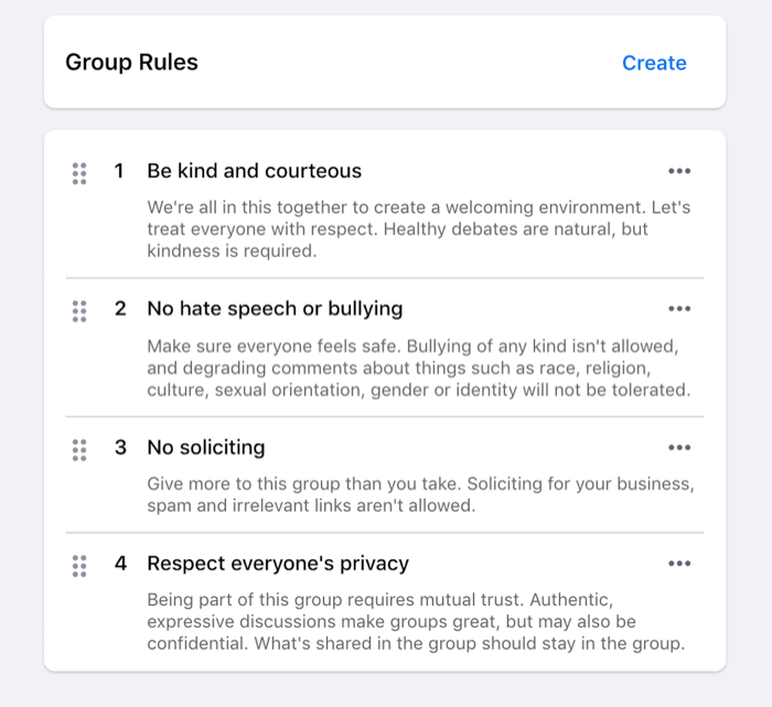 exemple de règles définies pour un groupe facebook comme être gentil, pas de discours de haine, pas de sollicitation, etc.