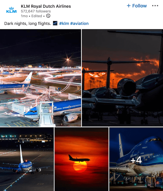 Publication de la page KLM LinkedIn pour plusieurs photos