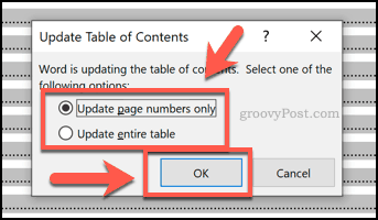 Confirmation de la mise à jour d'une table des matières dans Word