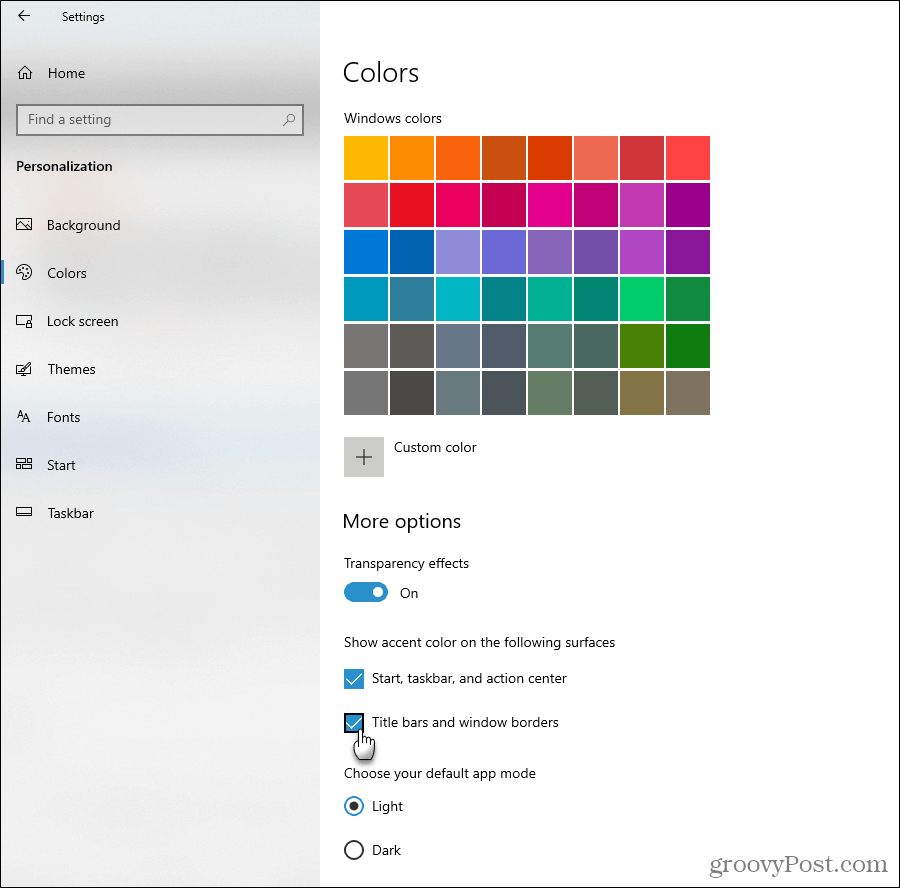 Afficher les options de couleur d'accent dans Windows 10