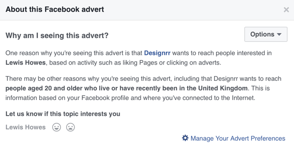 Facebook affichera des informations de ciblage détaillées pour une publicité Facebook.