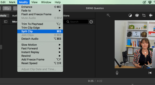 Dans iMovie, divisez votre vidéo en segments en sélectionnant Modifier> Diviser le clip.