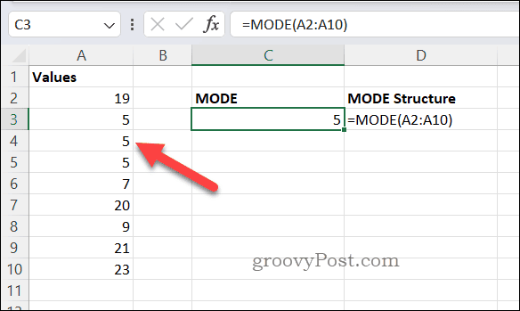 Résultat de la formule MODE dans Excel