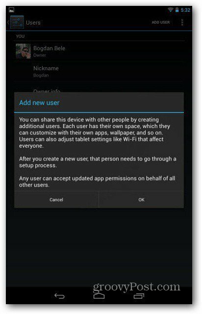 Avertissement concernant les comptes d'utilisateurs du Nexus 7