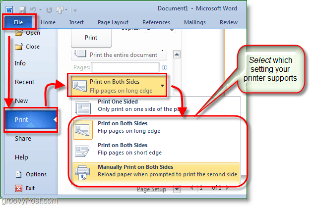 Capture d'écran de Micosoft Word 2010 ajustez vos paramètres d'impression pour imprimer des deux côtés