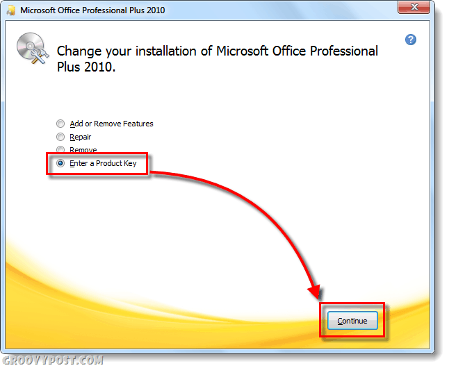 écran de modification de clé de produit Office 2010
