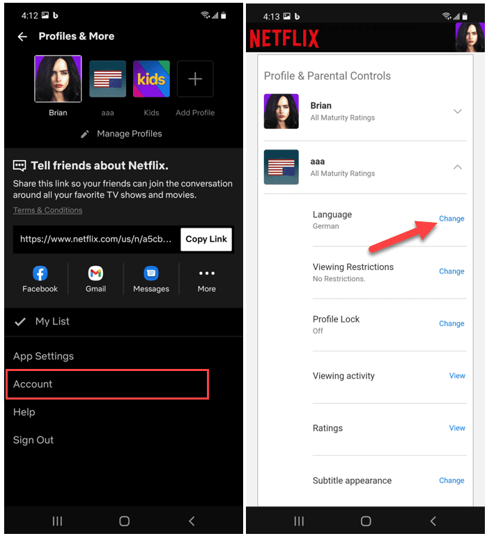 Compte d'application Netflix Android