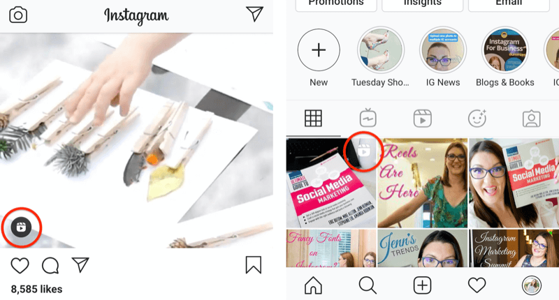 Icône de bobines instagram affichée sur un message d'alimentation sur un carré de grille de profil