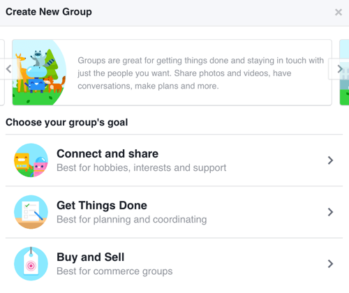 Pour créer un groupe Facebook axé sur la création d'une communauté, sélectionnez Se connecter et partager.
