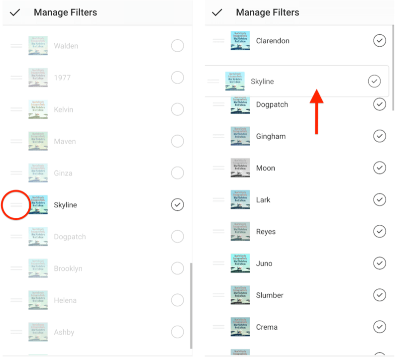 gérer les options du menu des filtres instagram affichant des barres de sélection doubles horizontales à côté des filtres permettant les réorganiser et afficher le filtre d'horizon en cours de déplacement vers le haut de la sélection de filtre liste