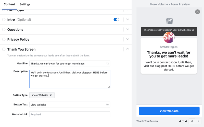 configurer l'écran de remerciement pour le formulaire de génération de leads Facebook