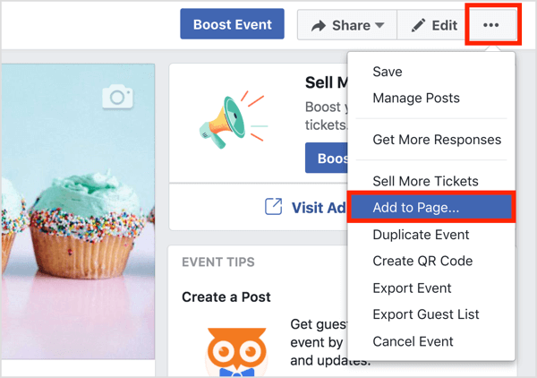 Cliquez sur le bouton à trois points en haut de la page de l'événement Facebook et sélectionnez Ajouter à la page.
