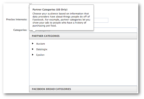 Facebook larges catégories de partenaires