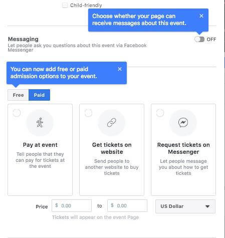 Facebook semble tester l'option permettant aux gens de poser des questions via Facebook Messenger, ajouter gratuitement ou une option d'admission payante pour un événement, et définissez une fourchette de prix de billetterie lors de la configuration d'un événement Facebook Page.