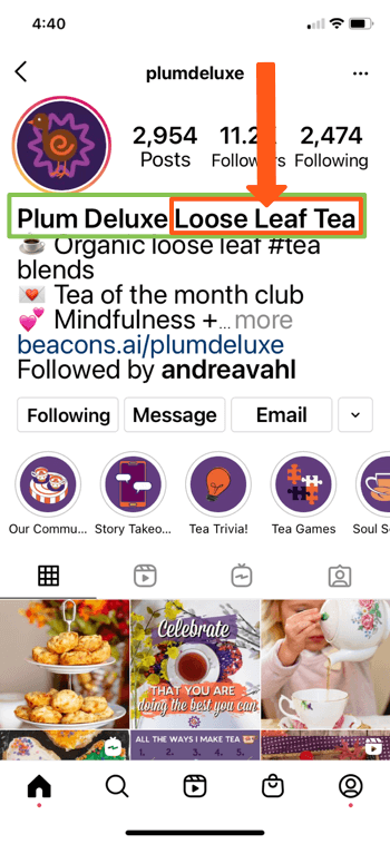 exemple de profil Instagram pour @splumdeluxe montrant les mots clés «prune deluxe» et «thé en vrac» dans la bio de leur page, leur permettant de bien apparaître dans les résultats de recherche