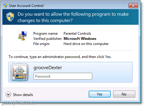vous pouvez remplacer une restrcition de contrôle parental dans Windows 7 en entrant un mot de passe administrateur