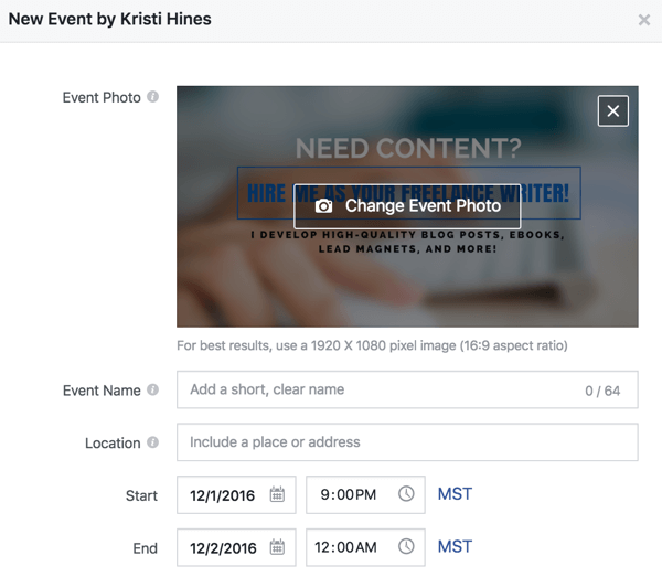 Remplissez ces détails pour créer un événement Facebook.
