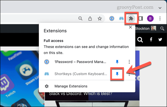 Épingler une icône d'extension dans Chrome