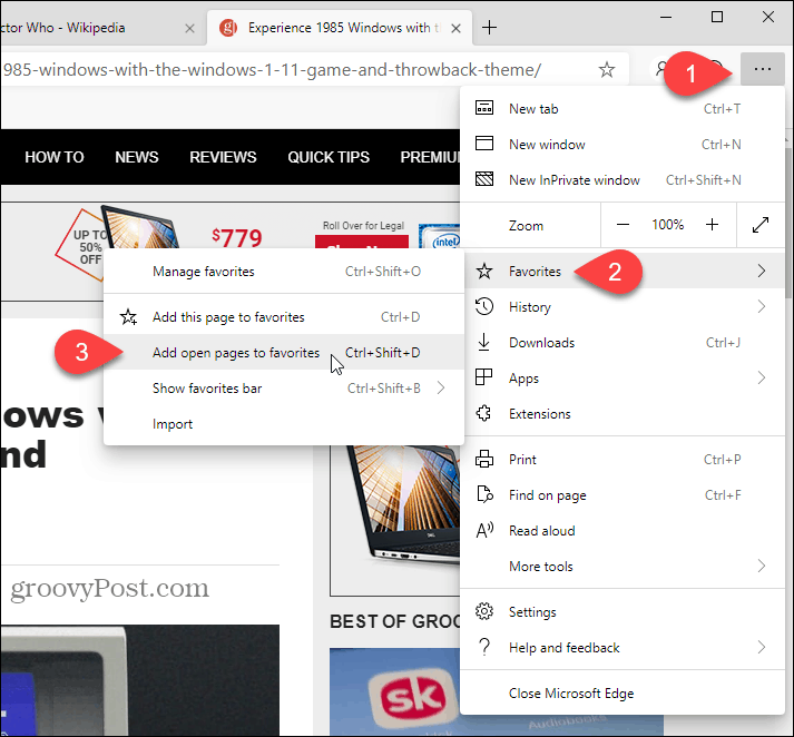 Sélectionnez Ajouter des pages ouvertes aux favoris dans Edge à base de chrome