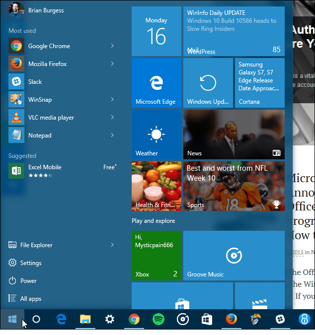 Windows 10 Démarrez trois colonnes
