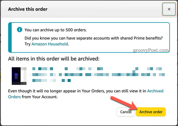 Confirmation de l'archivage des commandes sur Amazon