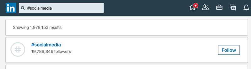 exemple de capture d'écran du hashtag #socialmedia recherché sur linkedin