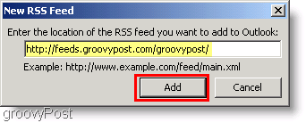Capture d'écran Microsoft Outlook 2007 - Tapez un nouveau flux RSS