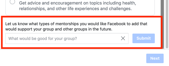 Comment améliorer votre communauté de groupe Facebook, possibilité de suggérer une option de catégorie de mentorat de groupe à Facebook