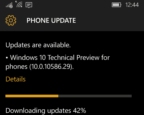 Windows 10 Mobile Build 10586.29 renvoie pour Windows Phone