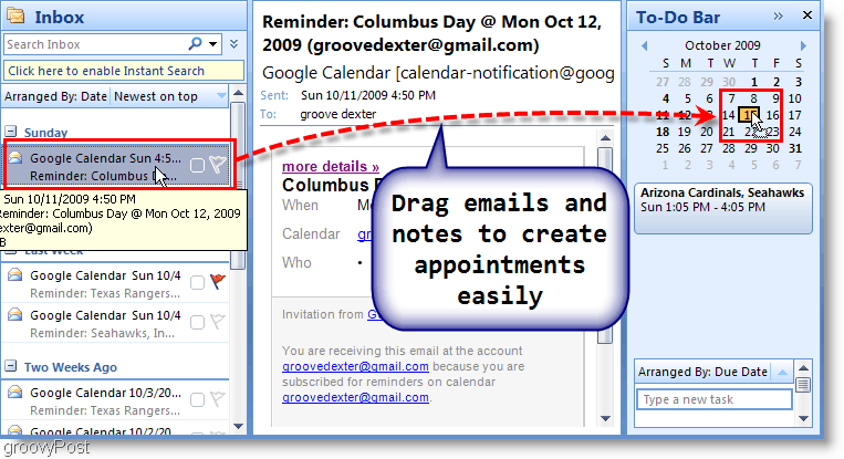 Barre des tâches d'Outlook 2007 - Faites glisser l'e-mail vers le calendrier