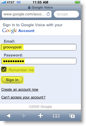 Page de connexion à Google Voice Mobile