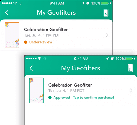 Une fois votre géofiltre Snapchat approuvé, son statut apparaîtra comme approuvé sur l'écran Mes Geofilters.