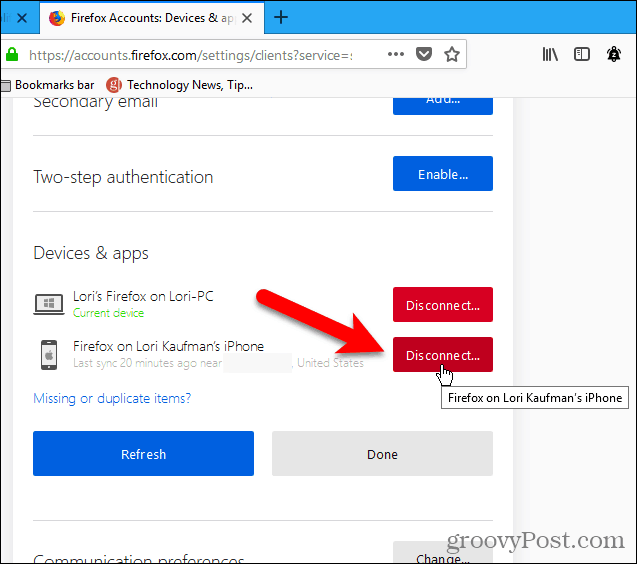 Déconnectez un appareil à l'aide de Firefox pour Windows