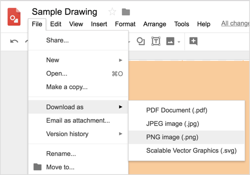 Choisissez Fichier> Télécharger en tant que> Image PNG (.png) pour télécharger votre conception Google Drawings.