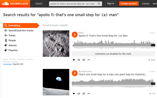 Recherchez les fichiers multimédias de la NASA sur SoundCloud pour trouver et télécharger l'audio de moments historiques emblématiques comme la première marche sur la lune.