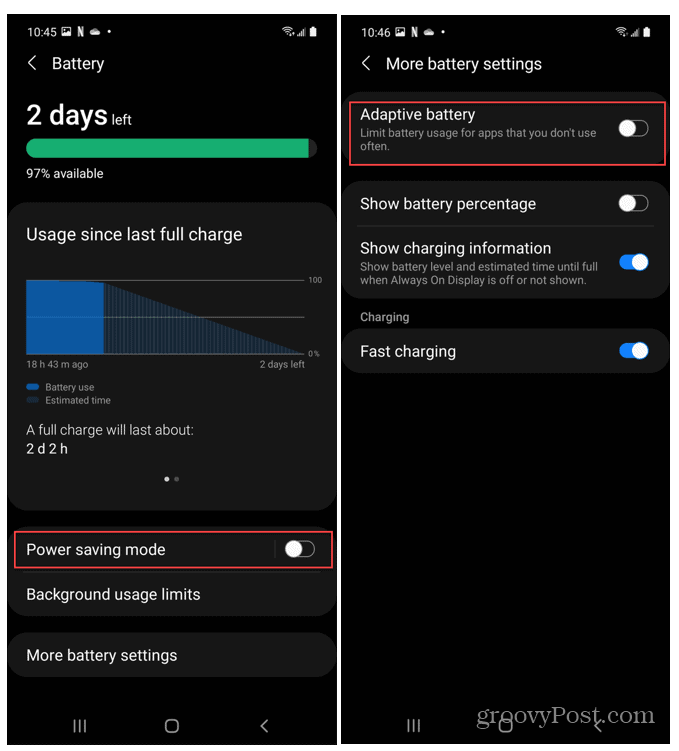 Paramètres de la batterie Android