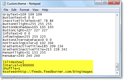 après le code rss du diaporama dans le fichier Windows 7 .theme