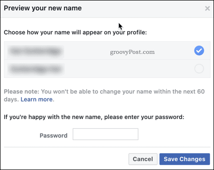 Confirmer un changement de nom Facebook