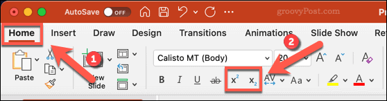 Icônes pour changer le texte en indice ou en exposant dans PowerPoint sur Mac