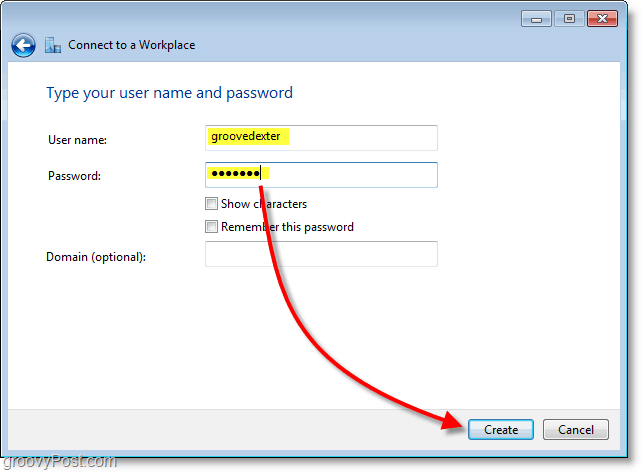 tapez votre nom d'utilisateur et votre mot de passe, puis créez la connexion dans Windows 7