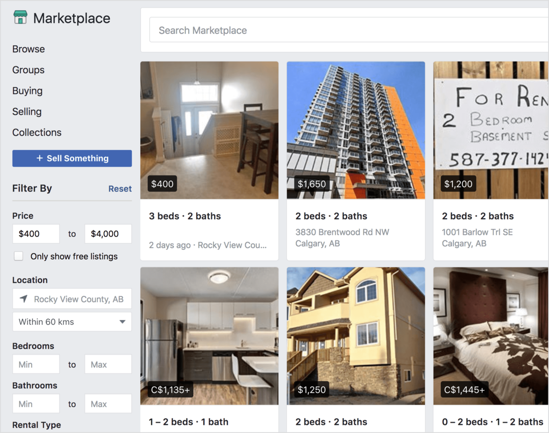 Facebook Marketplace propose des propriétés locatives à vendre.