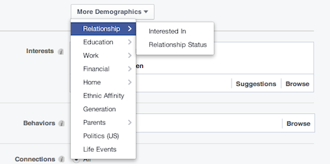 options démographiques de la relation facebook
