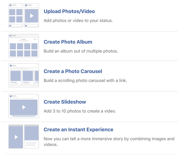Exemple d'options de publication d'images et de vidéos Facebook.