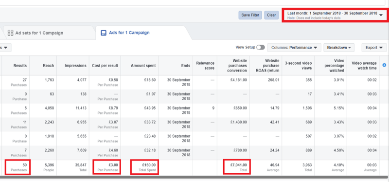 Stratégie de marketing des médias sociaux; Capture d'écran des analyses dans Facebook Ads Manager.