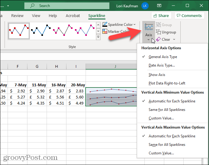 Bouton Axe sur l'onglet Sparkline dans Excel