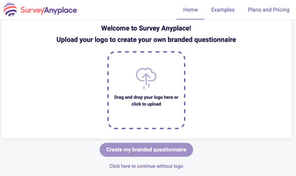 Bienvenue à Survey Anyplace et téléchargement du logo pour un questionnaire personnalisé.