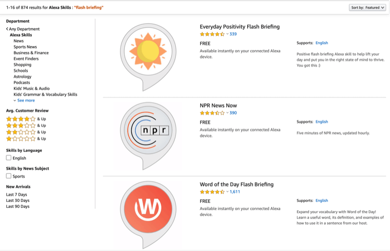 capture d'écran des listes de briefing flash dans la boutique Alexa Skills