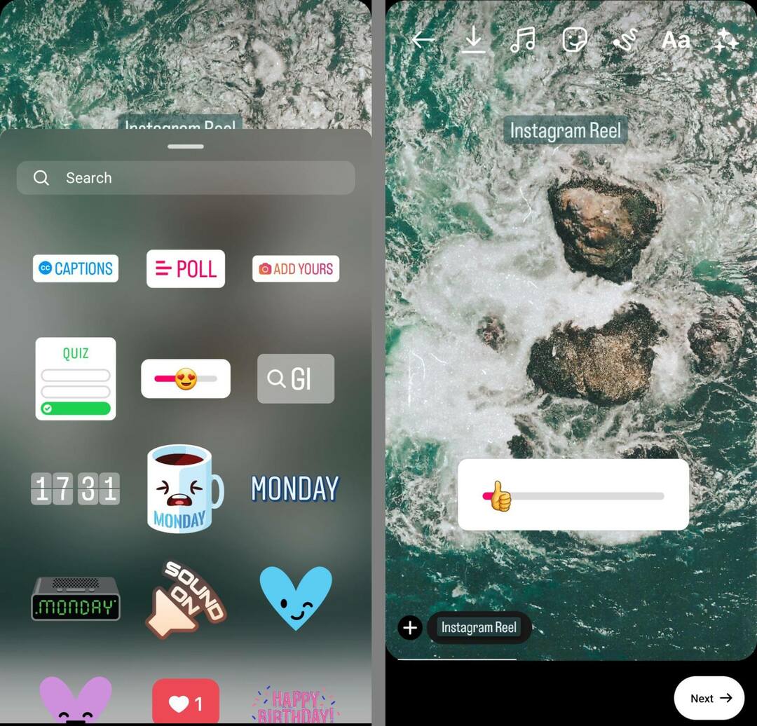 comment-créer-un-format-court-de-flux-de-travail-vidéo-publier-9-16-aspect-ratio-post-to-instagram-sticker-tray-example-6